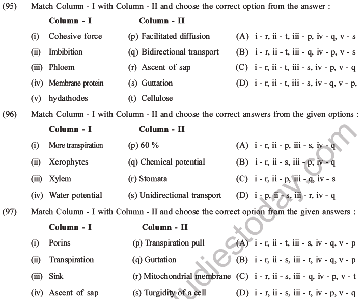 NEET Biology Transport In Plants MCQs Set A, Multiple Choice Questions